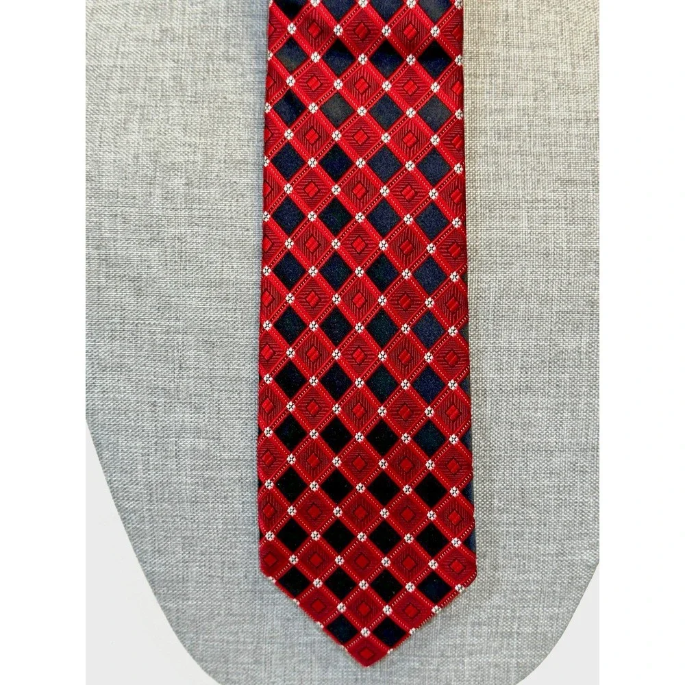Sean John Mens Silk Necktie Red Black Geometric Diamond‎ Plaid Woven Formal Tie